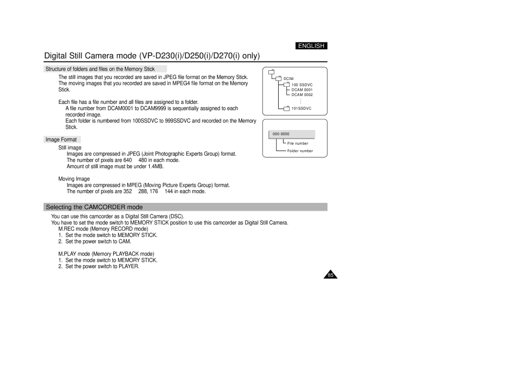 Samsung VP-D200(I) manual Selecting the Camcorder mode, Structure of folders and files on the Memory Stick, Image Format 