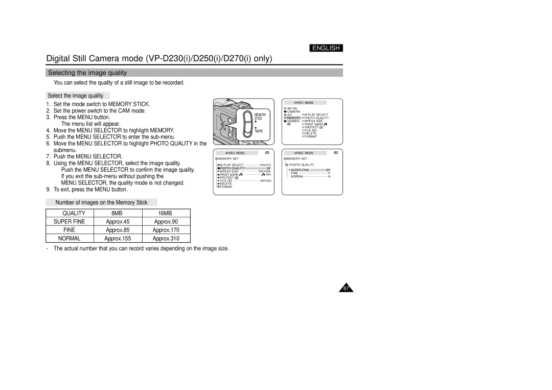 Samsung VP-D200(I) manual Selecting the image quality, Select the image quality, Number of images on the Memory Stick 