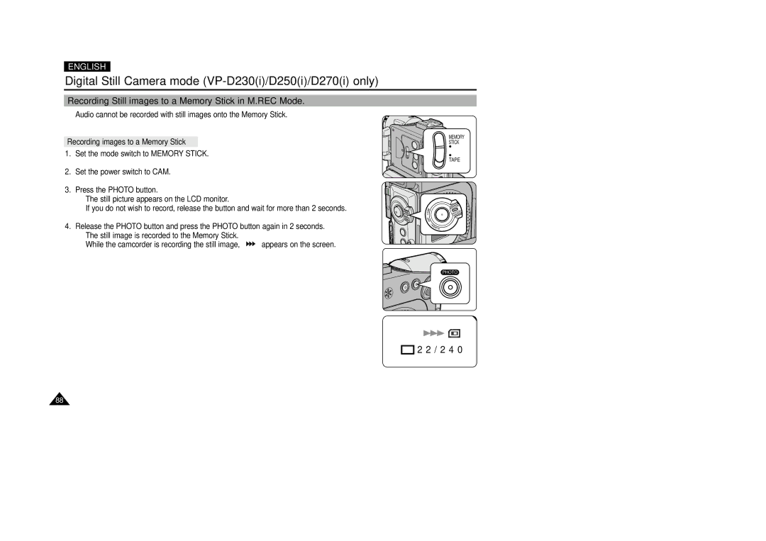 Samsung VP-D200(I) manual Recording Still images to a Memory Stick in M.REC Mode, Recording images to a Memory Stick 