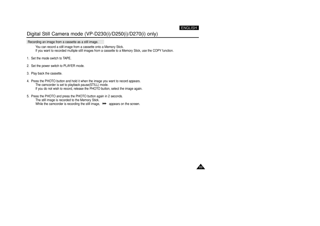 Samsung VP-D200(I) manual Recording an image from a cassette as a still image 