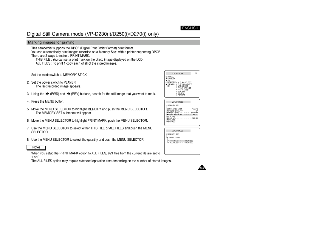 Samsung VP-D200(I) manual Marking images for printing 