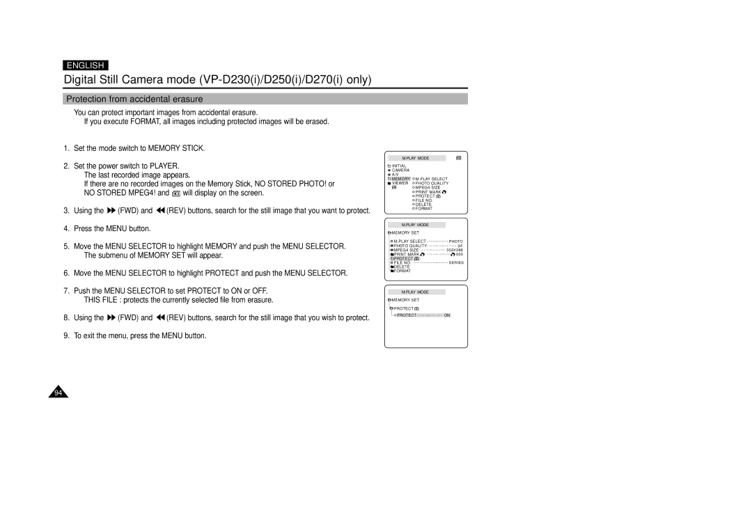 Samsung VP-D200(I) manual Protection from accidental erasure 