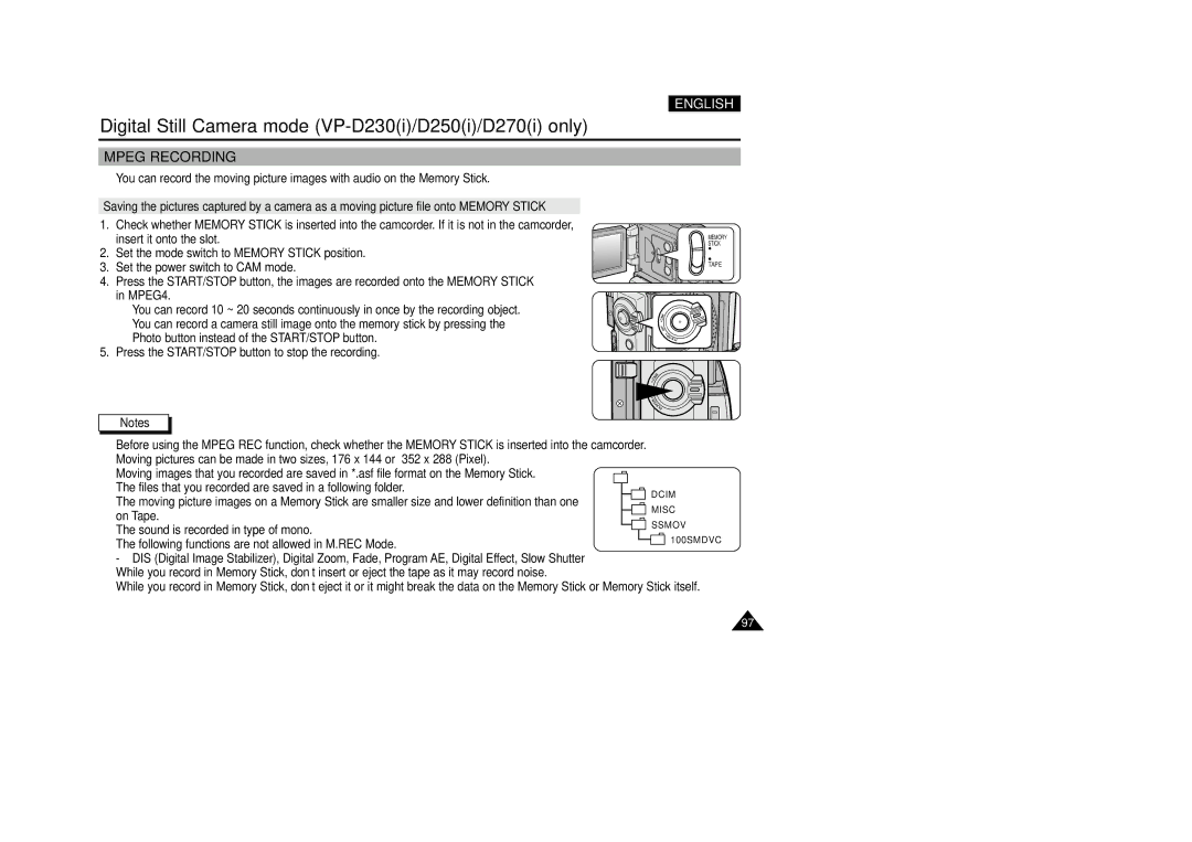 Samsung VP-D200(I) manual Mpeg Recording 