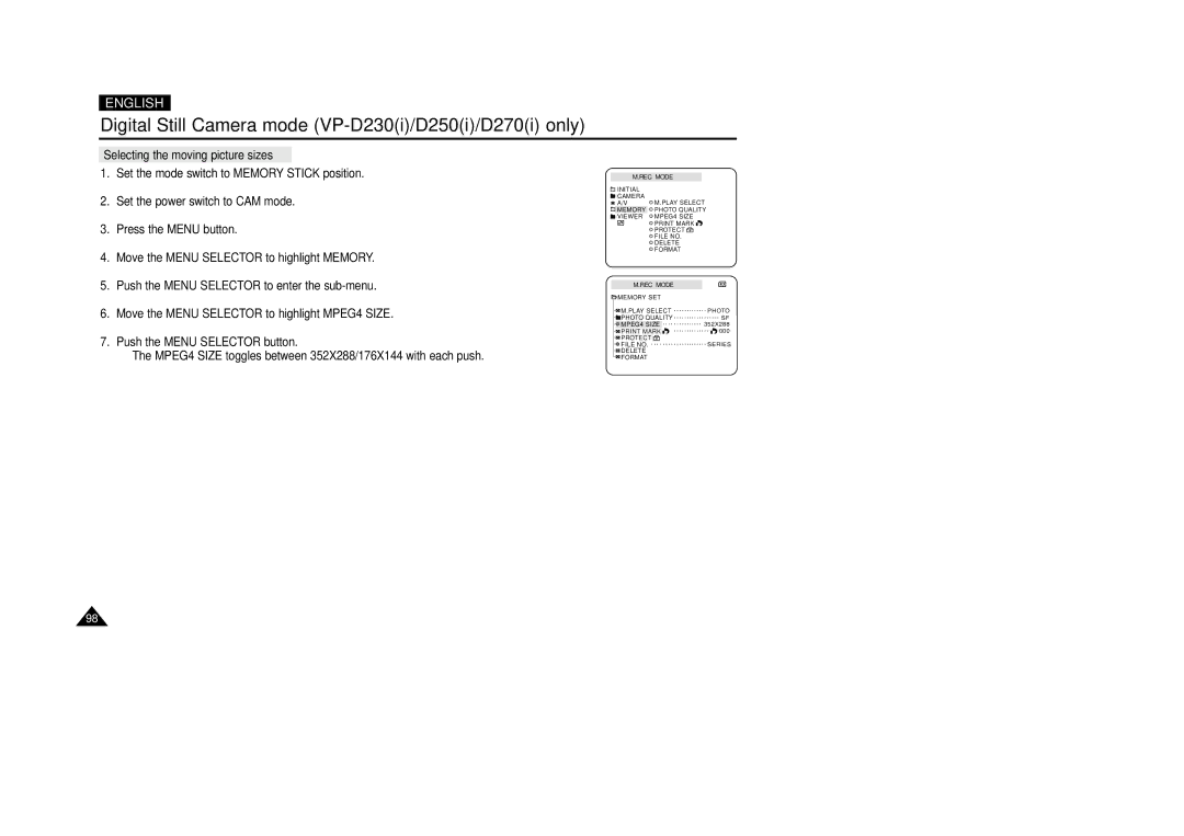 Samsung VP-D200(I) manual Selecting the moving picture sizes 