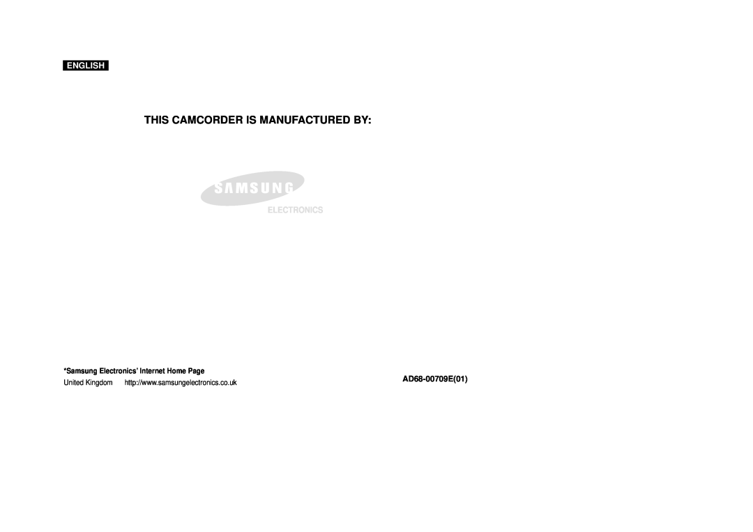 Samsung VP-D200(I) manual This Camcorder Is Manufactured By, English, Electronics, AD68-00709E01 