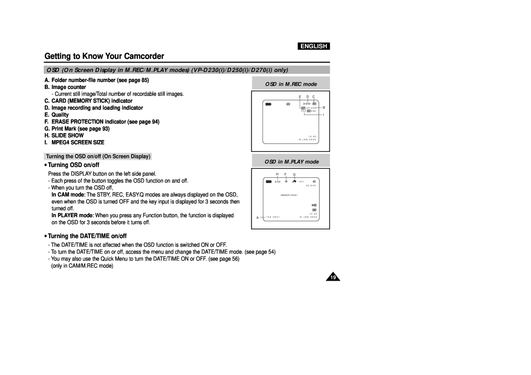 Samsung VP-D200(I) manual Turning OSD on/off, Turning the DATE/TIME on/off, Getting to Know Your Camcorder, English 