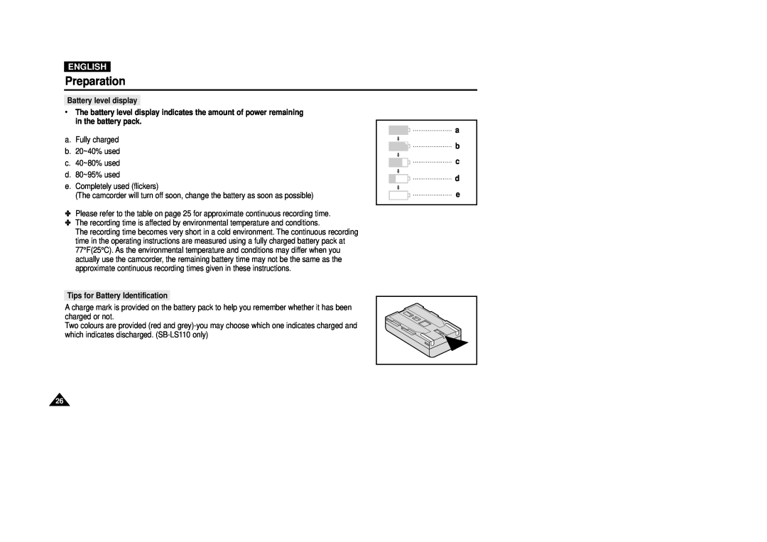 Samsung VP-D200(I) manual Preparation, English, Battery level display, Tips for Battery Identification, a b c d e 