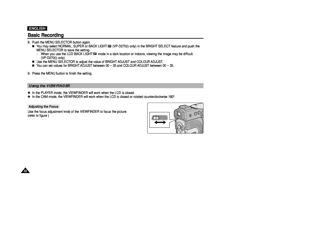 Samsung VP-D200(I) manual Using the VIEWFINDER, Basic Recording, English, Adjusting the Focus 
