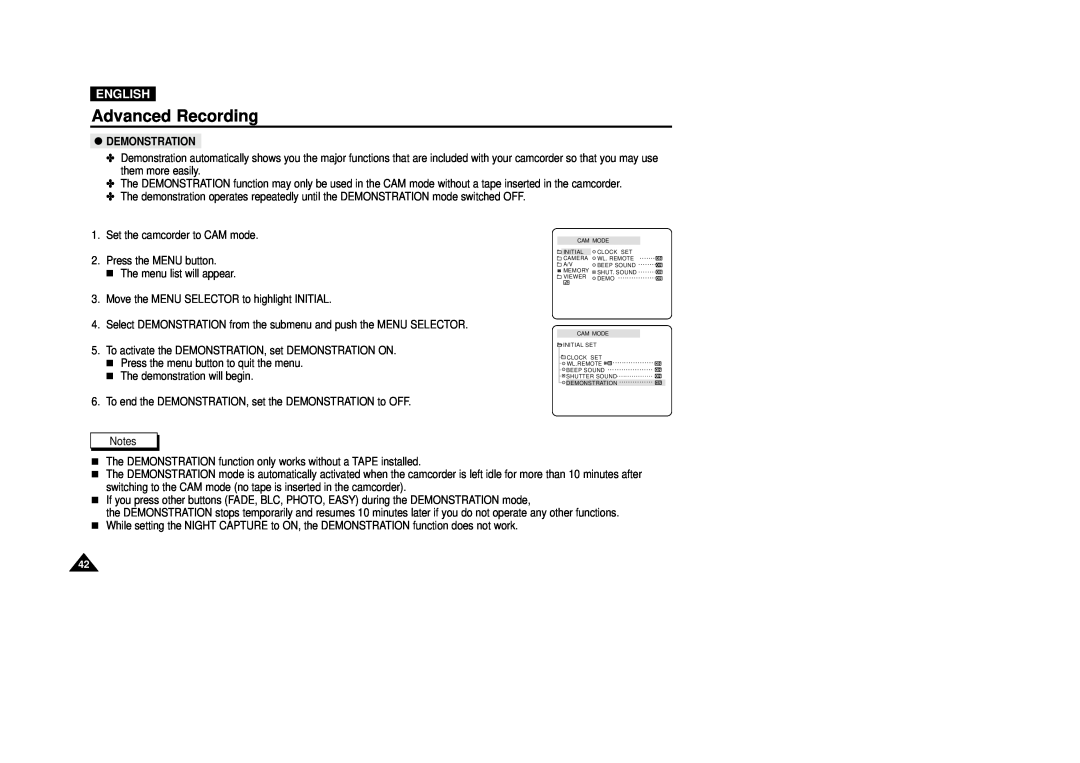 Samsung VP-D200(I) manual Advanced Recording, English, Demonstration 
