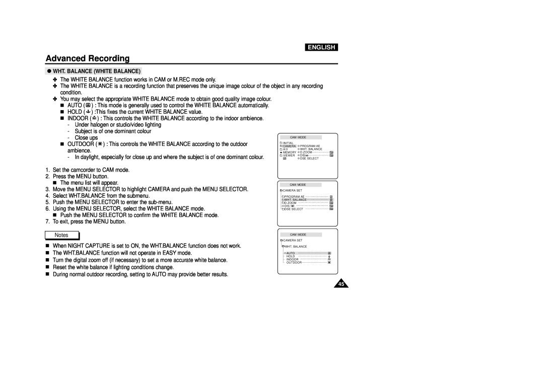 Samsung VP-D200(I) manual Advanced Recording, English, Wht. Balance White Balance 