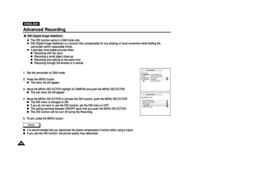 Samsung VP-D200(I) manual Advanced Recording, English, DIS Digital Image Stabilizer 