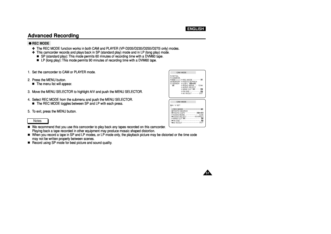 Samsung VP-D200(I) manual Advanced Recording, English, Rec Mode 