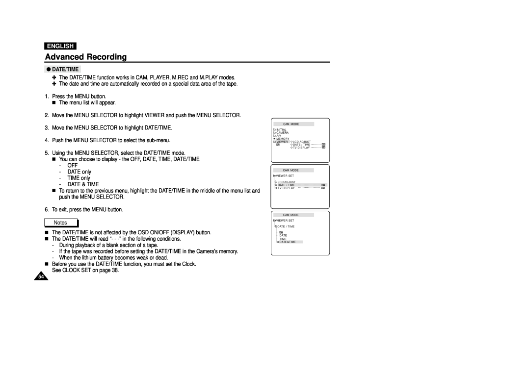 Samsung VP-D200(I) manual Advanced Recording, English, Date/Time, Press the MENU button The menu list will appear 