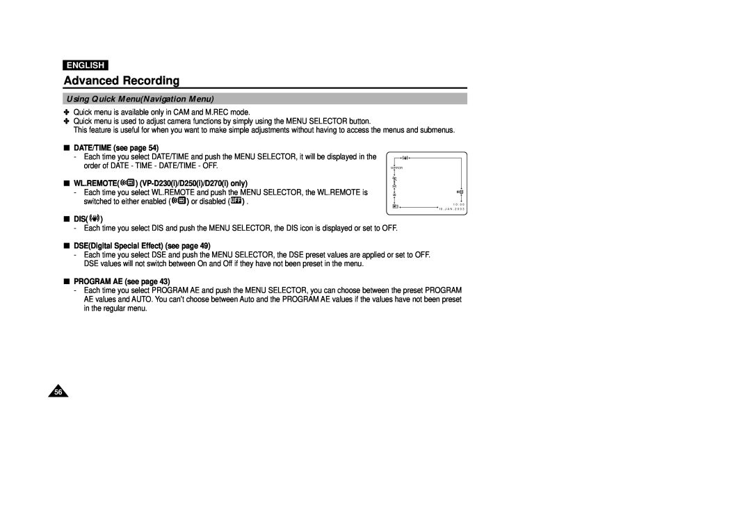 Samsung VP-D200(I) manual Using Quick MenuNavigation Menu, Advanced Recording, English, DATE/TIME see page, Wl.Remote 