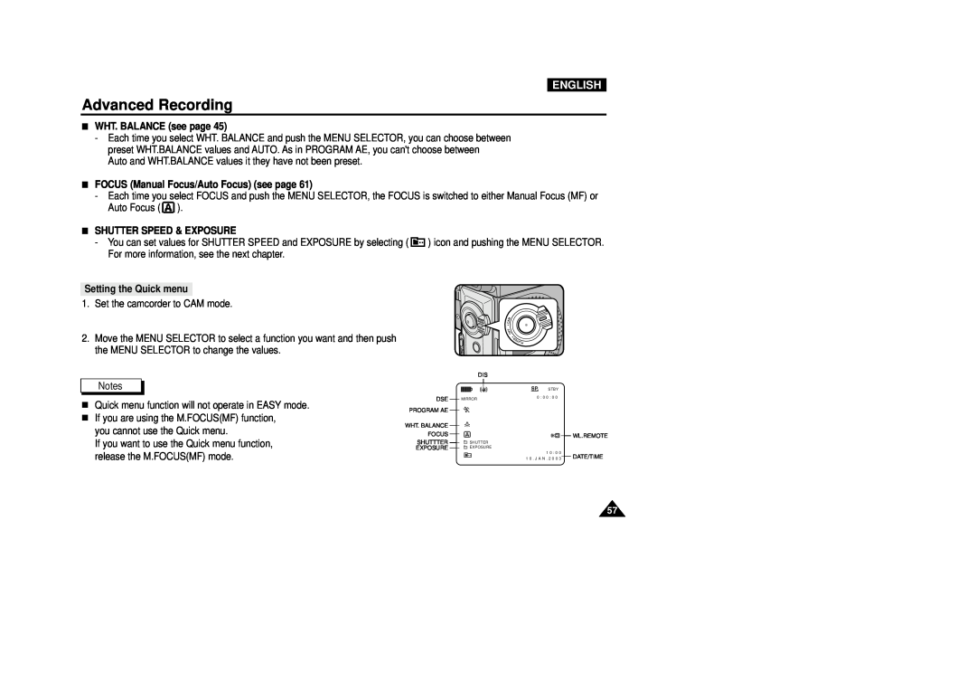 Samsung VP-D200(I) manual Advanced Recording, English, WHT. BALANCE see page, FOCUS Manual Focus/Auto Focus see page 
