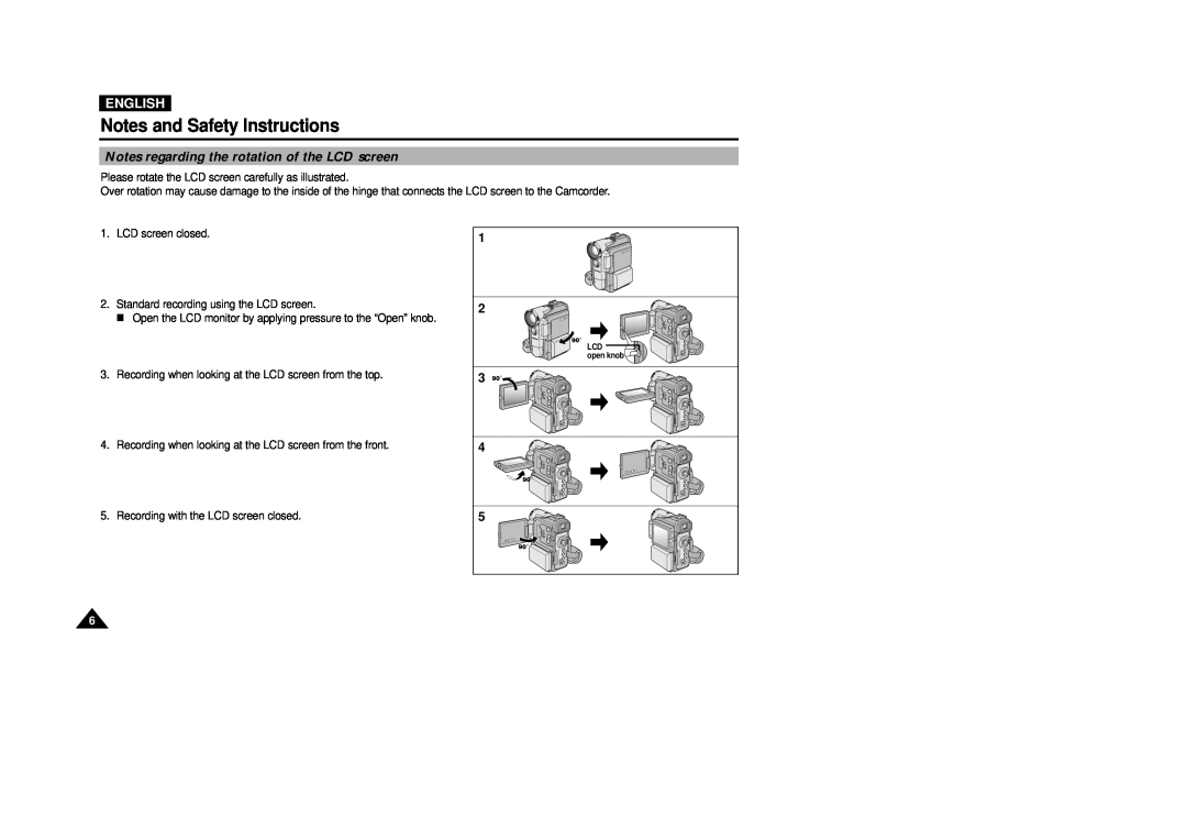 Samsung VP-D200(I) manual Notes and Safety Instructions, Notes regarding the rotation of the LCD screen, English 
