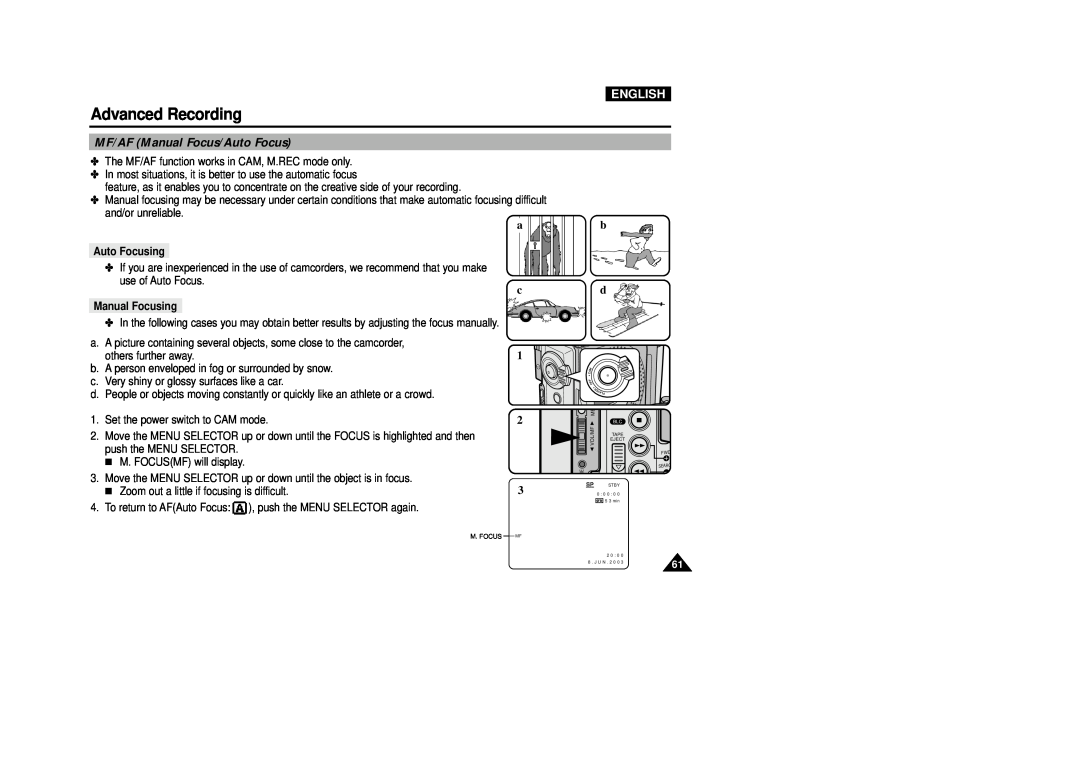 Samsung VP-D200(I) manual Advanced Recording, MF/AF Manual Focus/Auto Focus, English, Auto Focusing, Manual Focusing 