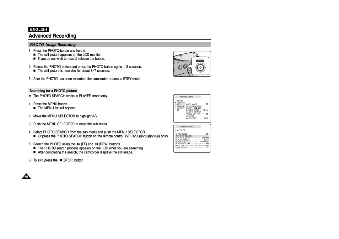 Samsung VP-D200(I) manual PHOTO Image Recording, Advanced Recording, English, Searching for a PHOTO picture 