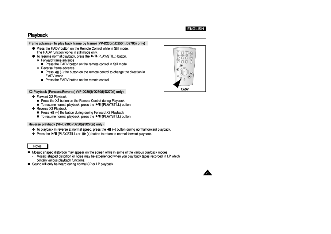 Samsung VP-D200(I) manual Playback, English, Reverse playback VP-D230i/D250i/D270ionly 