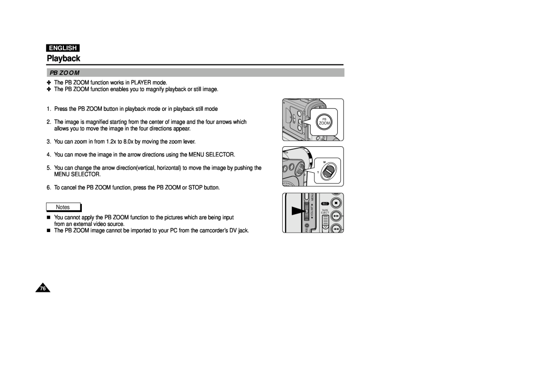 Samsung VP-D200(I) manual Pb Zoom, Playback, English 