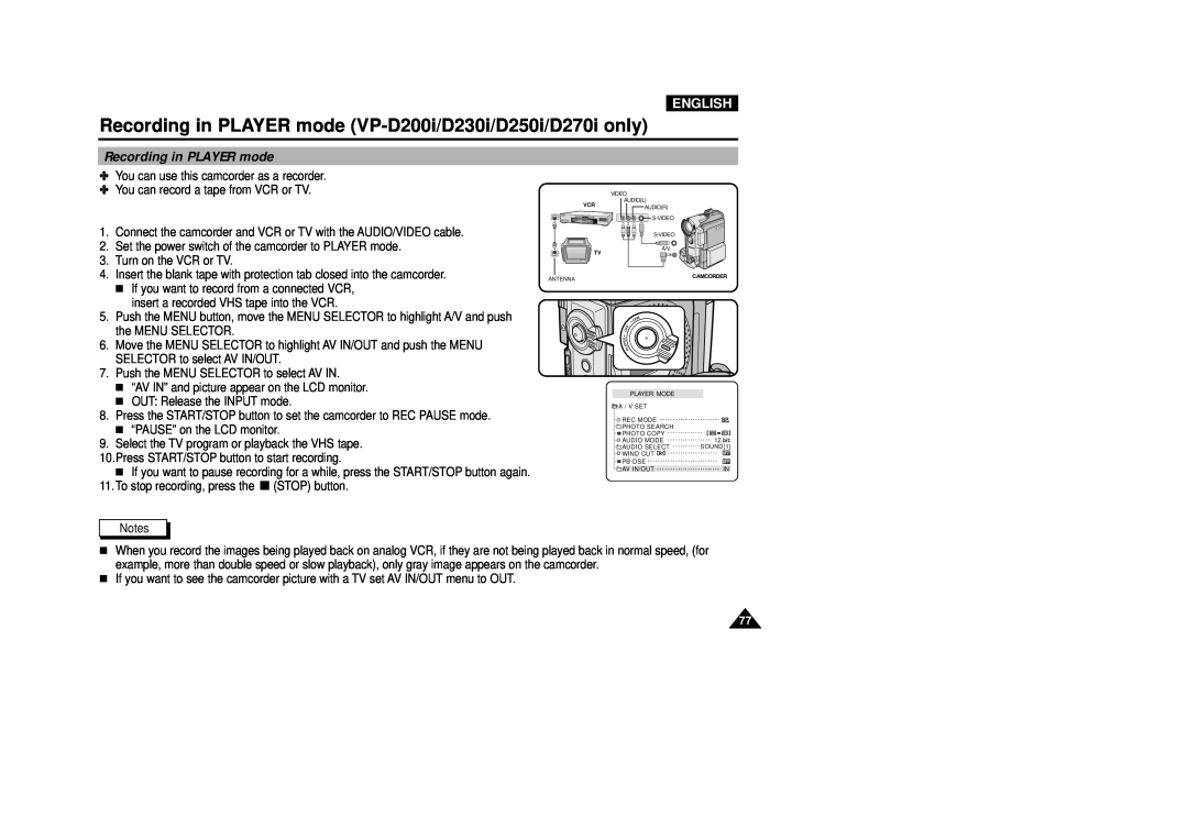 Samsung VP-D200(I) manual Recording in PLAYER mode, English 