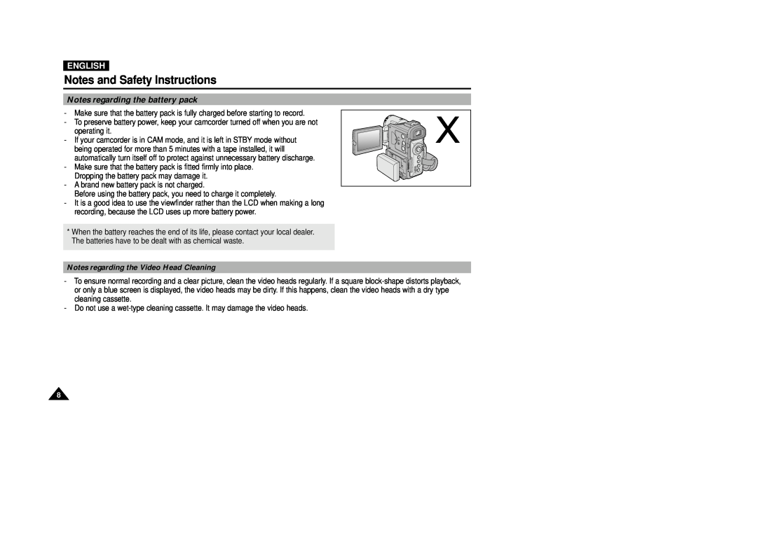 Samsung VP-D200(I) manual Notes regarding the battery pack, Notes and Safety Instructions, English 