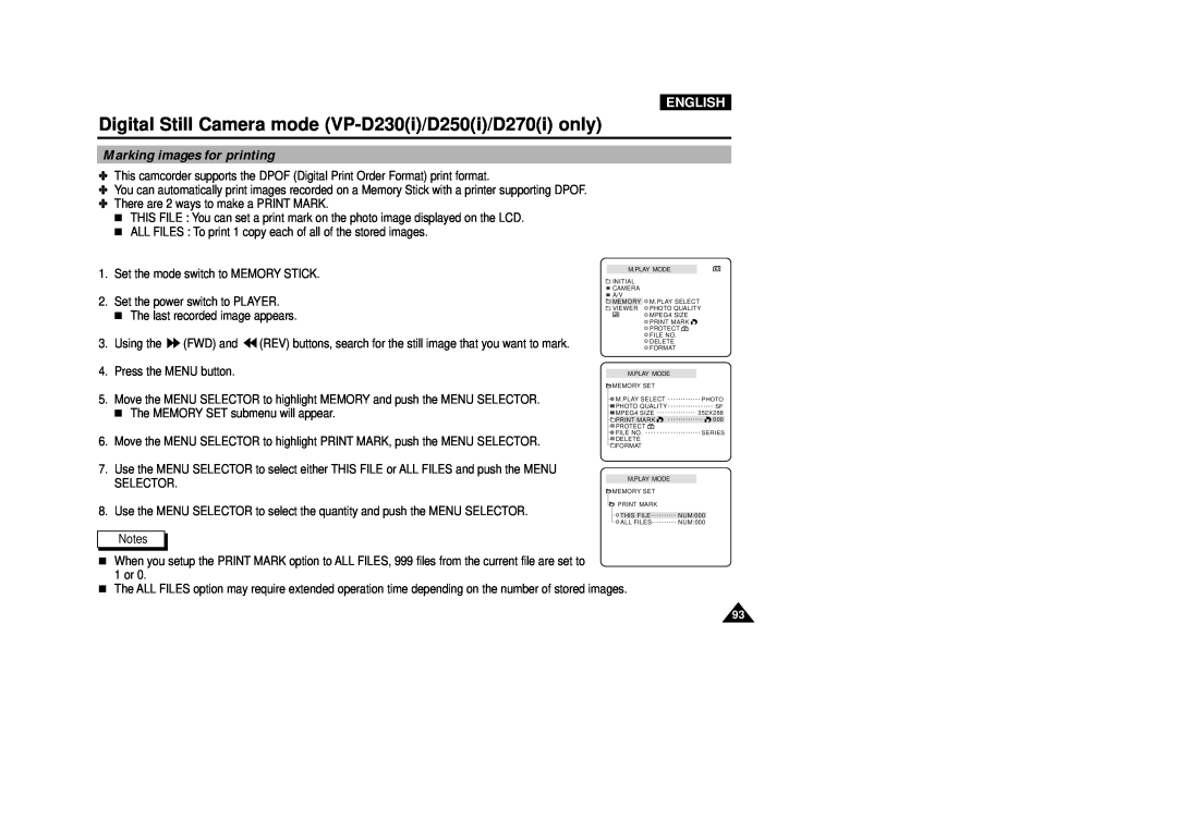 Samsung VP-D200(I) manual Marking images for printing, English 
