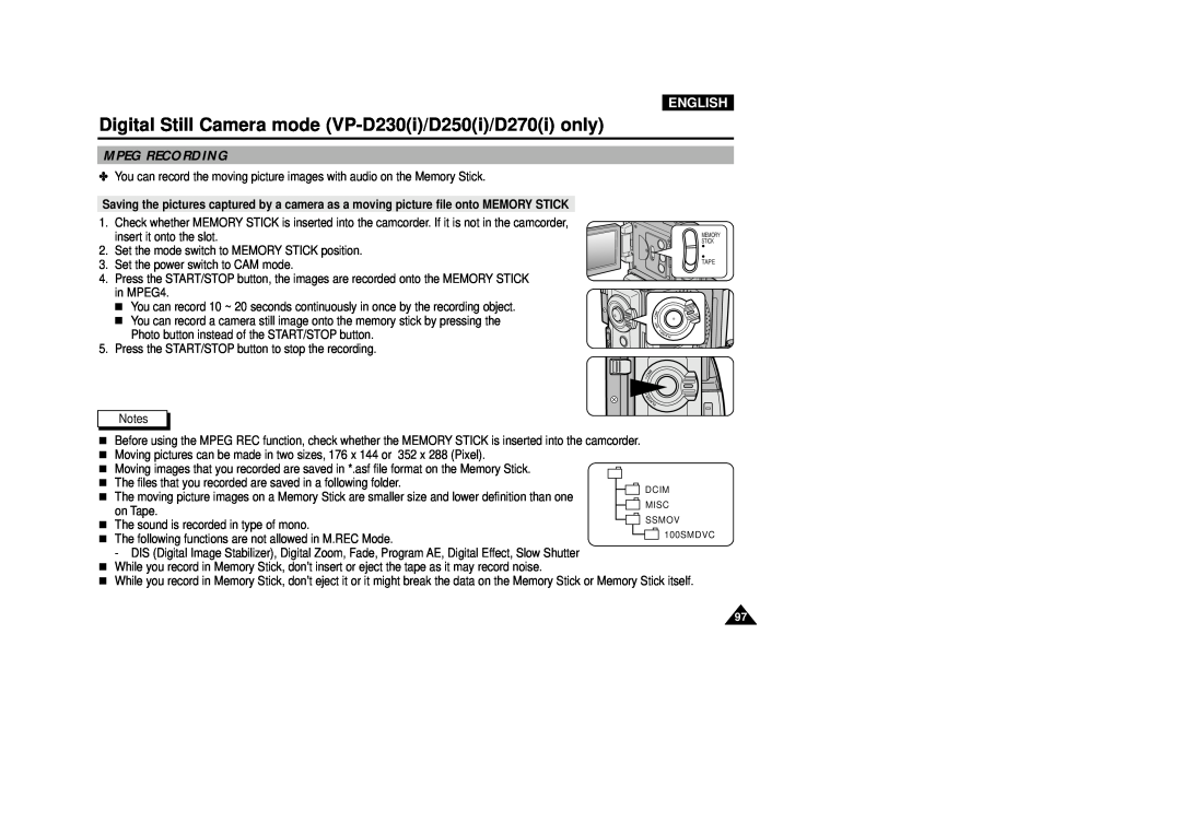 Samsung VP-D200(I) manual Mpeg Recording, English 