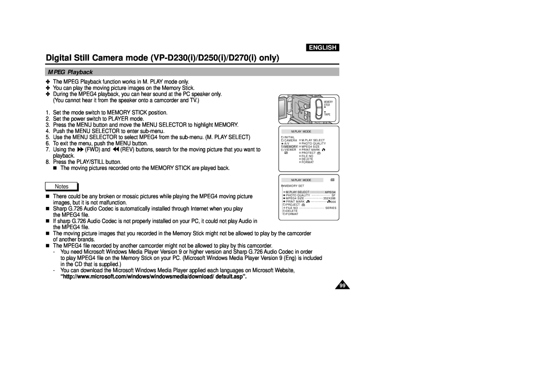 Samsung VP-D200(I) manual MPEG Playback, English 