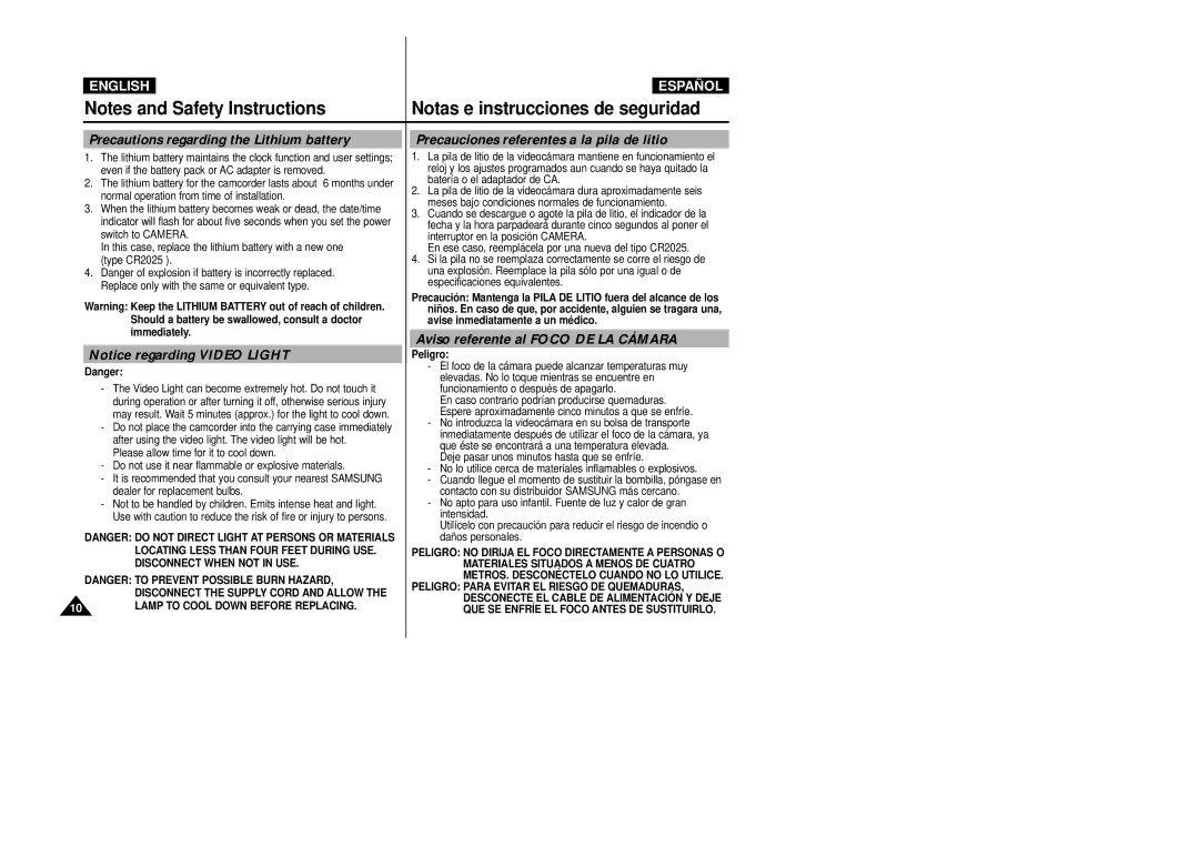 Samsung VP-D20i/D21i manual Precautions regarding the Lithium battery, Precauciones referentes a la pila de litio, Peligro 