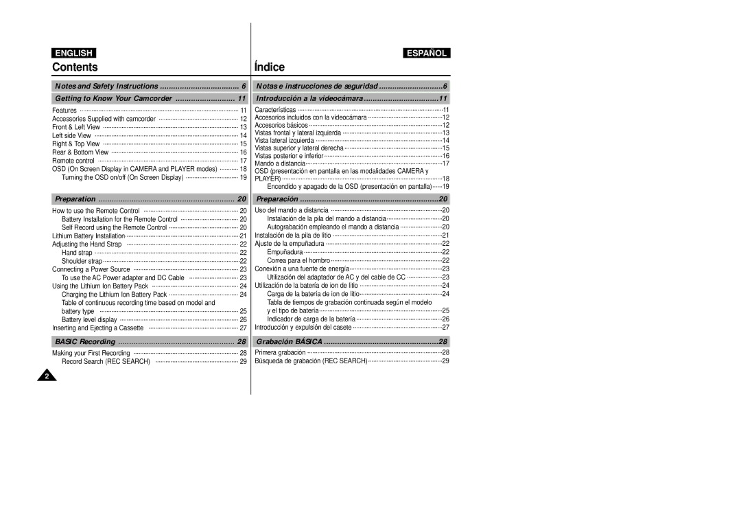 Samsung VP-D20i/D21i, VP-D20/D21 manual Contents Índice 