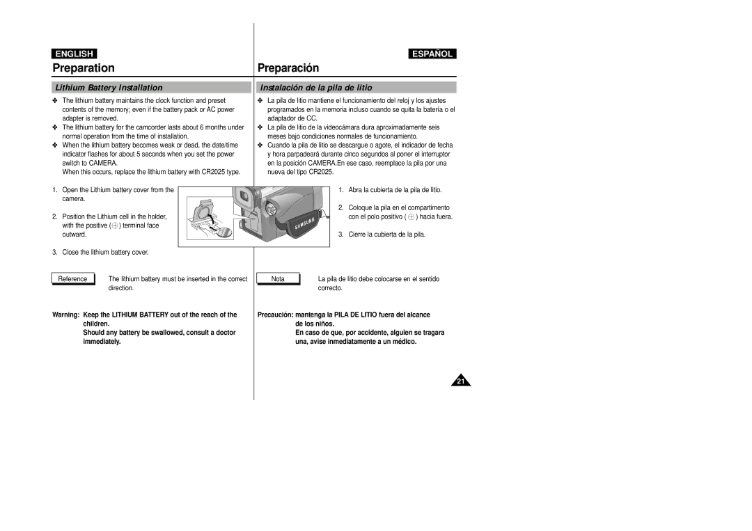 Samsung VP-D20/D21, VP-D20i/D21i manual Lithium Battery Installation, Instalación de la pila de litio, Direction 