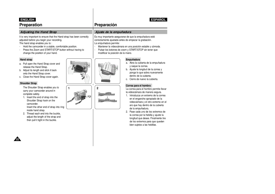 Samsung VP-D20i/D21i, VP-D20/D21 manual Adjusting the Hand Strap, Ajuste de la empuñadura 