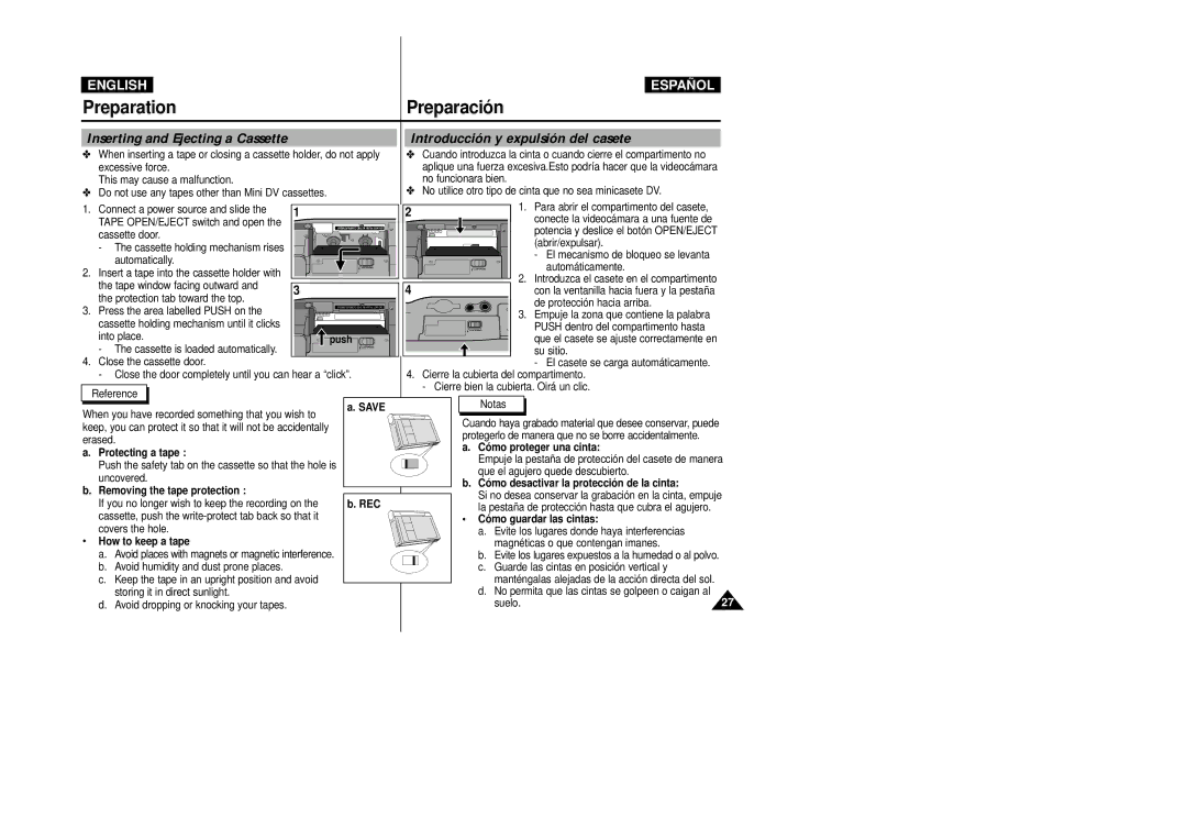 Samsung VP-D20/D21, VP-D20i/D21i manual Preparació n, Inserting and Ejecting a Cassette, Introducción y expulsión del casete 