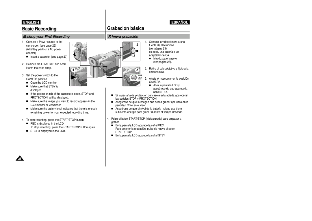 Samsung VP-D20i/D21i, VP-D20/D21 manual Basic Recording, Grabación básica, Making your First Recording 