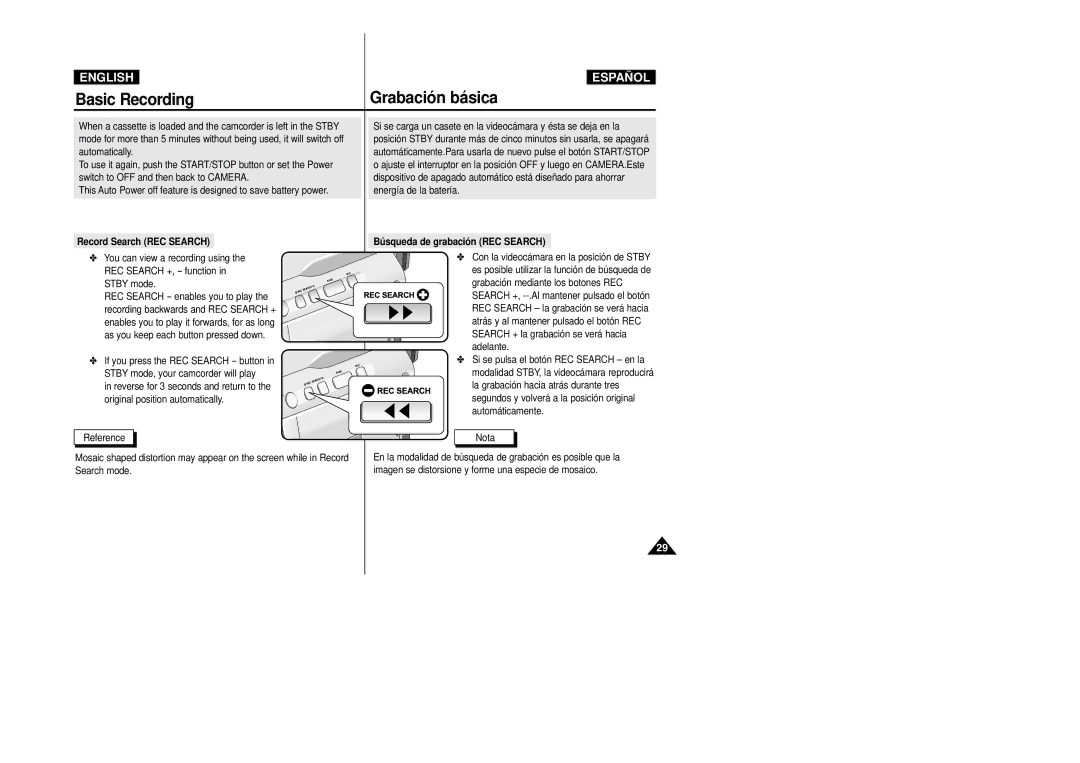 Samsung VP-D20/D21, VP-D20i/D21i manual Record Search REC Search, Búsqueda de grabación REC Search 