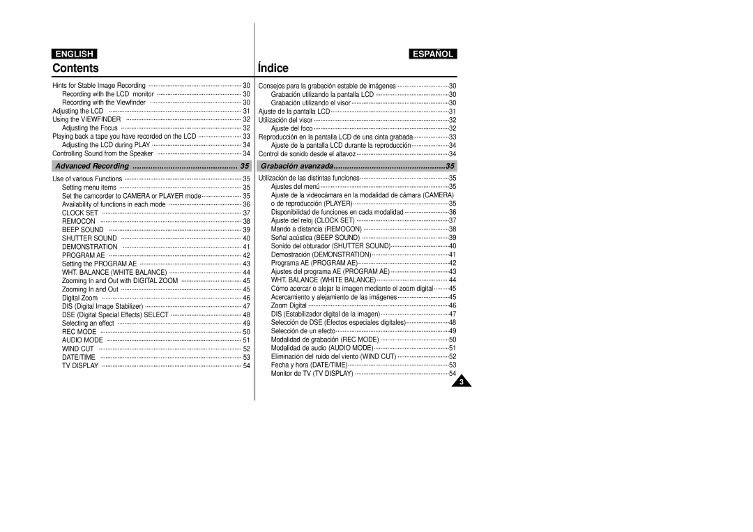 Samsung VP-D20/D21, VP-D20i/D21i manual Contents Índice 