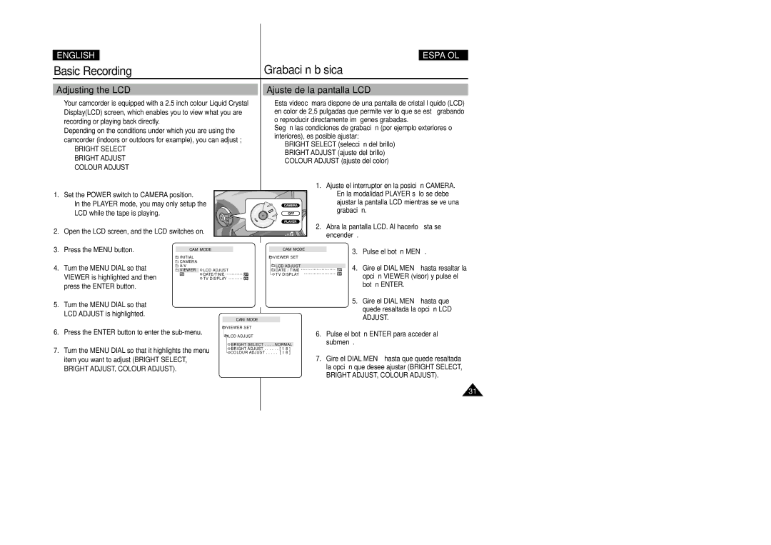 Samsung VP-D20/D21, VP-D20i/D21i manual Basic Recording Grabación básica, Adjusting the LCD Ajuste de la pantalla LCD 