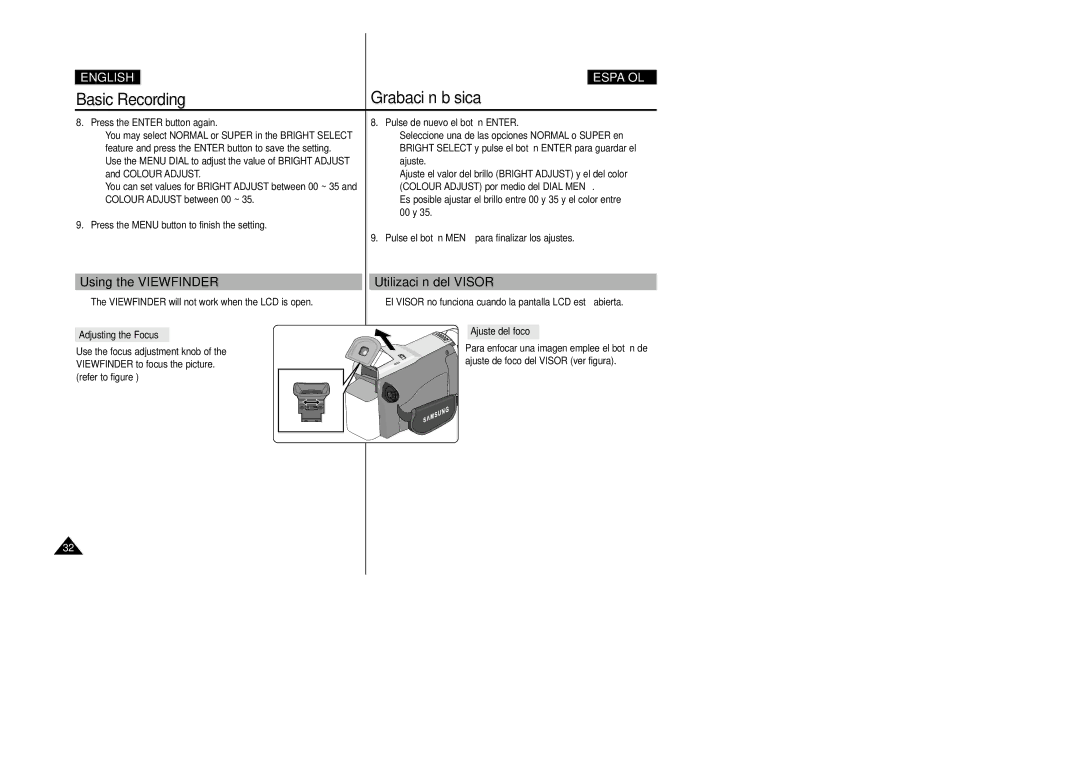 Samsung VP-D20i/D21i, VP-D20/D21 manual Using the Viewfinder, Utilización del Visor, Adjusting the Focus, Ajuste del foco 