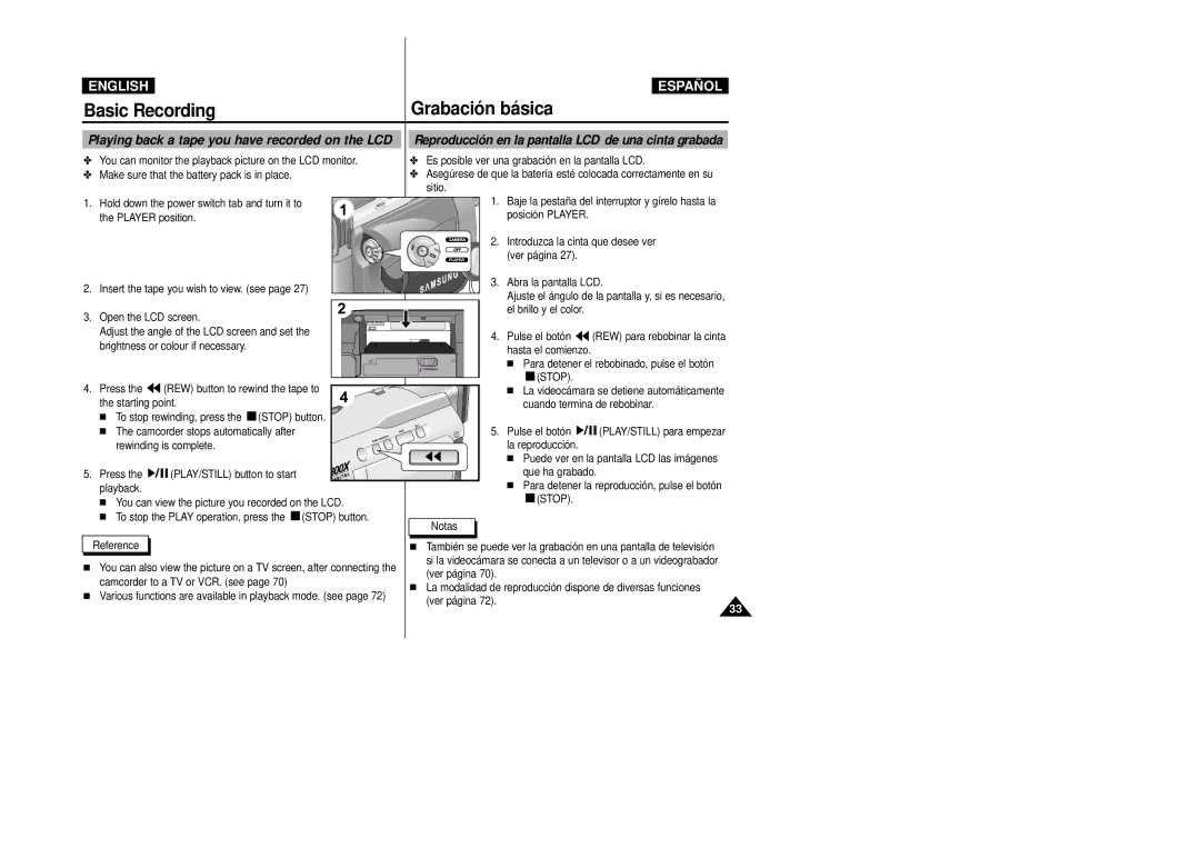 Samsung VP-D20/D21 manual Playing back a tape you have recorded on the LCD, Brightness or colour if necessary, Press 