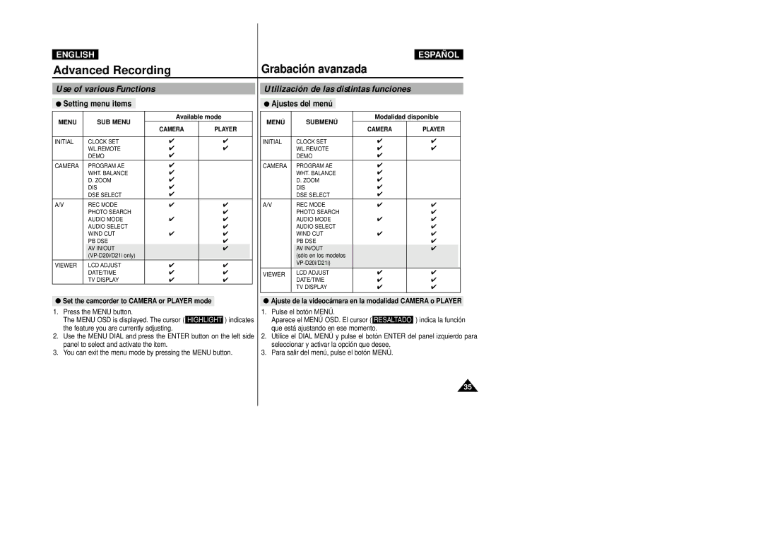 Samsung VP-D20/D21 Grabación avanzada, Setting menu items Ajustes del menú, Set the camcorder to Camera or Player mode 