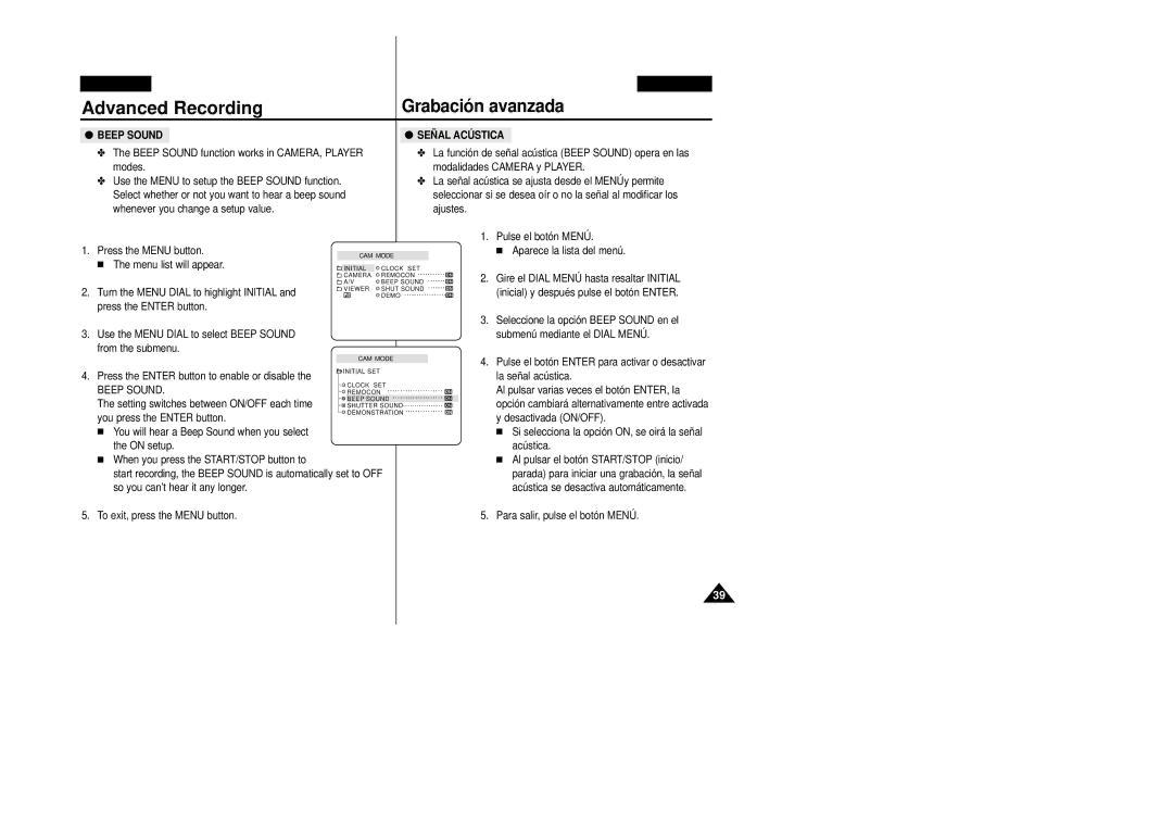 Samsung VP-D20/D21, VP-D20i/D21i manual Beep Sound Señal Acústica 