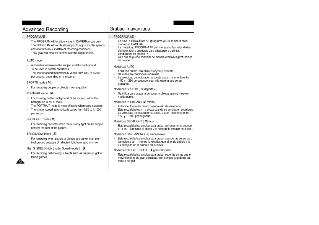 Samsung VP-D20i/D21i, VP-D20/D21 manual Program AE, Programa AE 