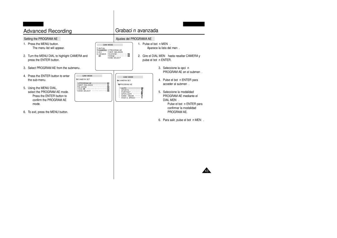 Samsung VP-D20/D21 manual Press the Menu button Pulse el botón Menú, Turn the Menu Dial to highlight Camera, Sub-menu 