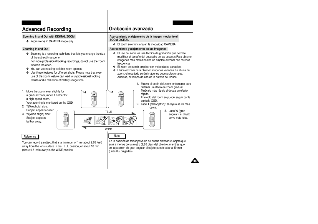 Samsung VP-D20/D21, VP-D20i/D21i manual Zoom Digital, El zoom sólo funciona en la modalidad Camera, Zooming In and Out 