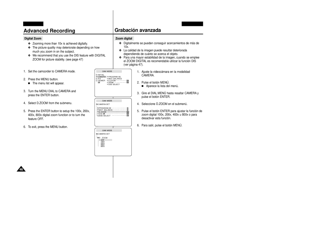Samsung VP-D20i/D21i, VP-D20/D21 manual Grabación avanzada, Digital Zoom Zoom digital 