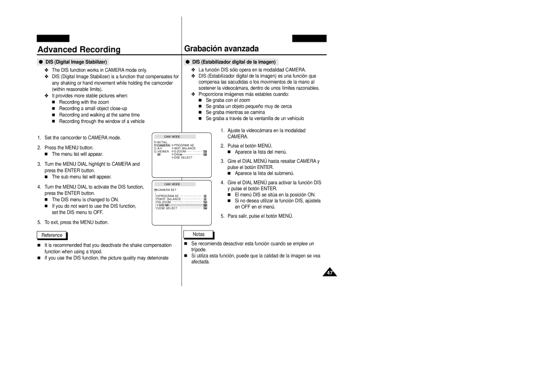 Samsung VP-D20/D21, VP-D20i/D21i manual DIS Digital Image Stabilizer, DIS Estabilizador digital de la imagen 