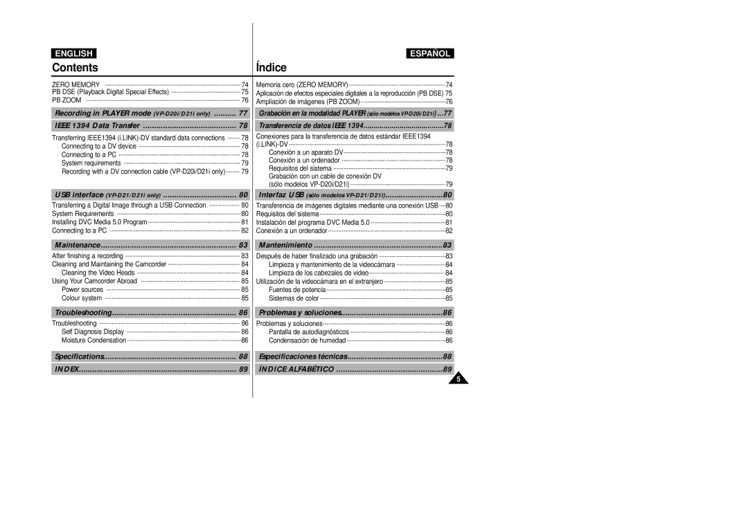 Samsung VP-D20/D21 Ieee 1394 Data Transfer, USB interface VP-D21/D21i only, Maintenance Mantenimiento, Specifications 