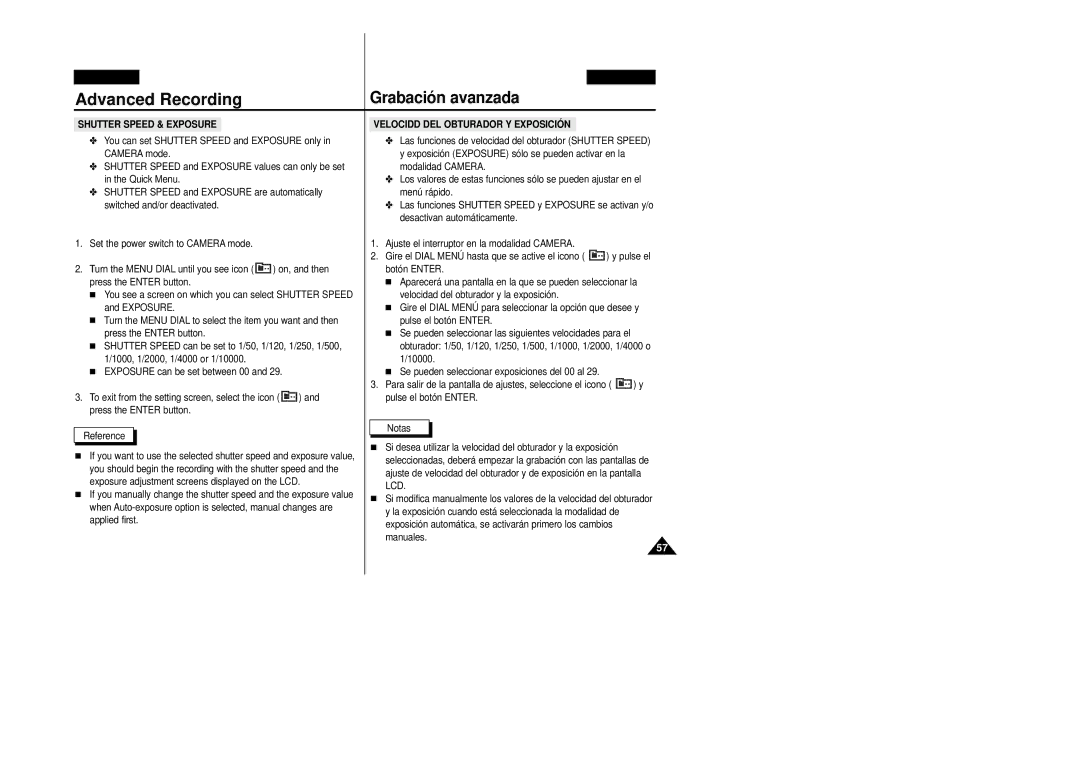 Samsung VP-D20/D21, VP-D20i/D21i manual Velocidd DEL Obturador Y Exposición, Manuales 