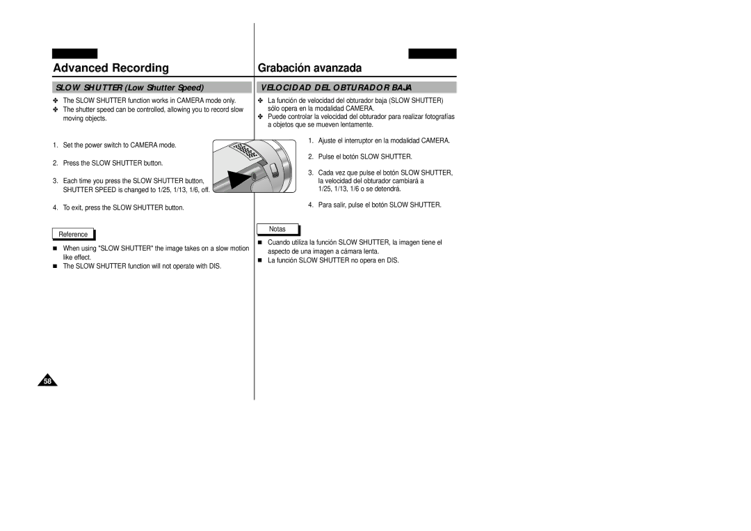 Samsung VP-D20i/D21i, VP-D20/D21 manual Slow Shutter Low Shutter Speed, Velocidad DEL Obturador Baja 